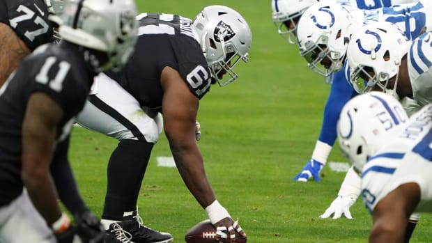 A general view of the line of scrimmage as Las Vegas Raiders center Rodney Hudson (61) prepares to snap the ball against the Indianapolis Colts at Allegiant Stadium.